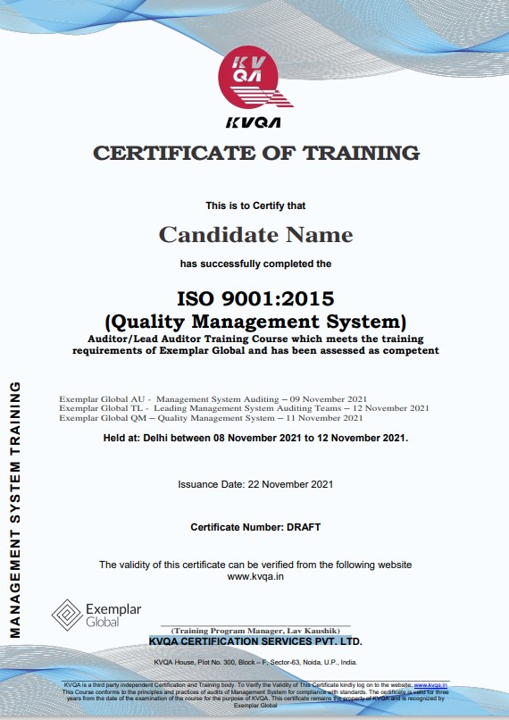 「Exemplar Global 認證ISO 9001:2015主任稽核員和IATF 16949:2016二合一專業訓練課程」-ISO9001證書